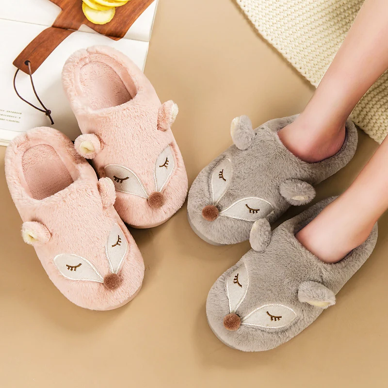 Зимние женские домашние меховые тапочки с рисунком лисы нескользящая теплая