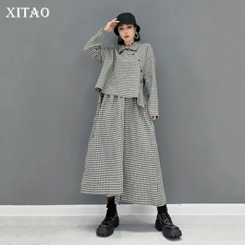 

XITAO Asymmetrical Casual Lattice Dress Fashion Draw Shrink Shrink Waist Personality Patchwork Loose Turn-down Collar WMD2556