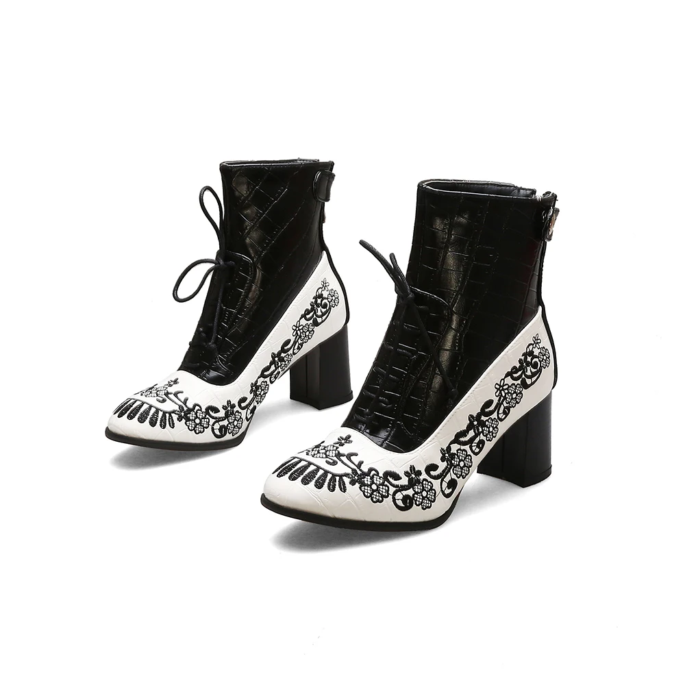 Retro Printed Booties Leather Women Ankle Boots Embroidery High Heels Casual Woman Shoe Zipper Vintage Female Footwear Boot 37