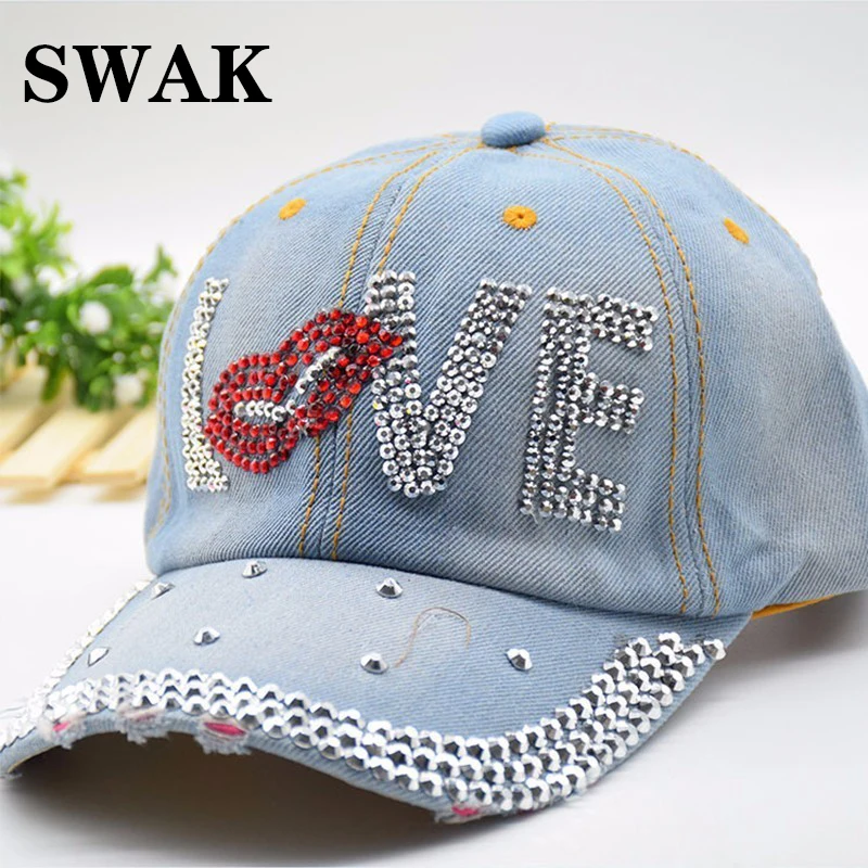 Джинсовая бейсбольная кепка Mouth LOVE Стразы хорошего качества с черепом для спорта