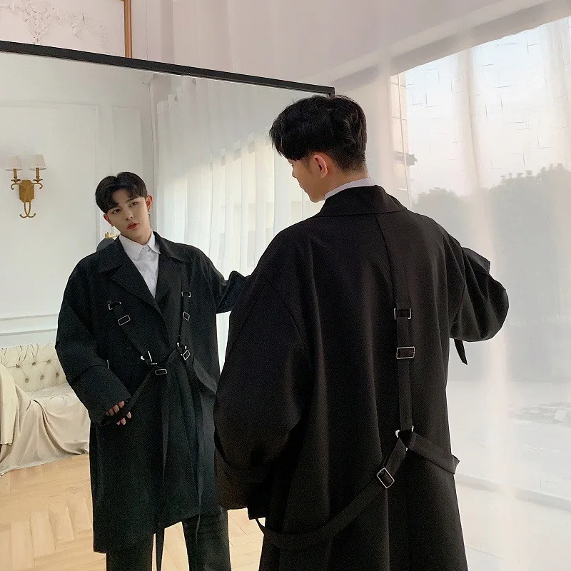 Тренчкот мужской средней длины однобортный модный Свободный с поясом и длинным