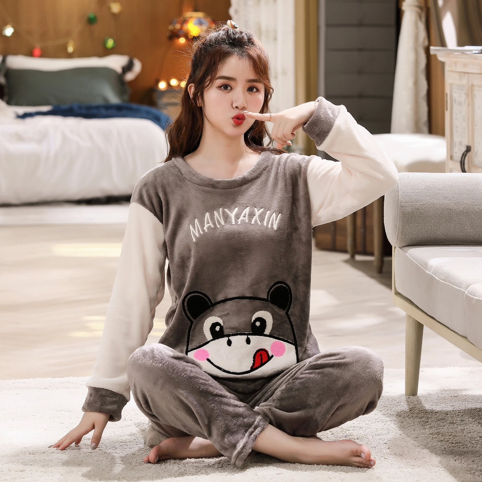 Пижама Mujer зимняя Фланелевая для пары комплект с круглым вырезом размера плюс