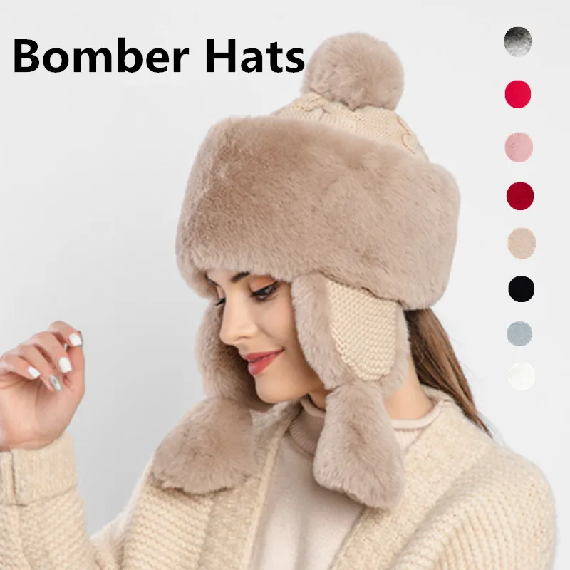 

8 Colors Creative Fashion With Earmuff Women Windproof Rabbit Fur Warm Caps Bomber Hats Winter Outdoor Lady Ski