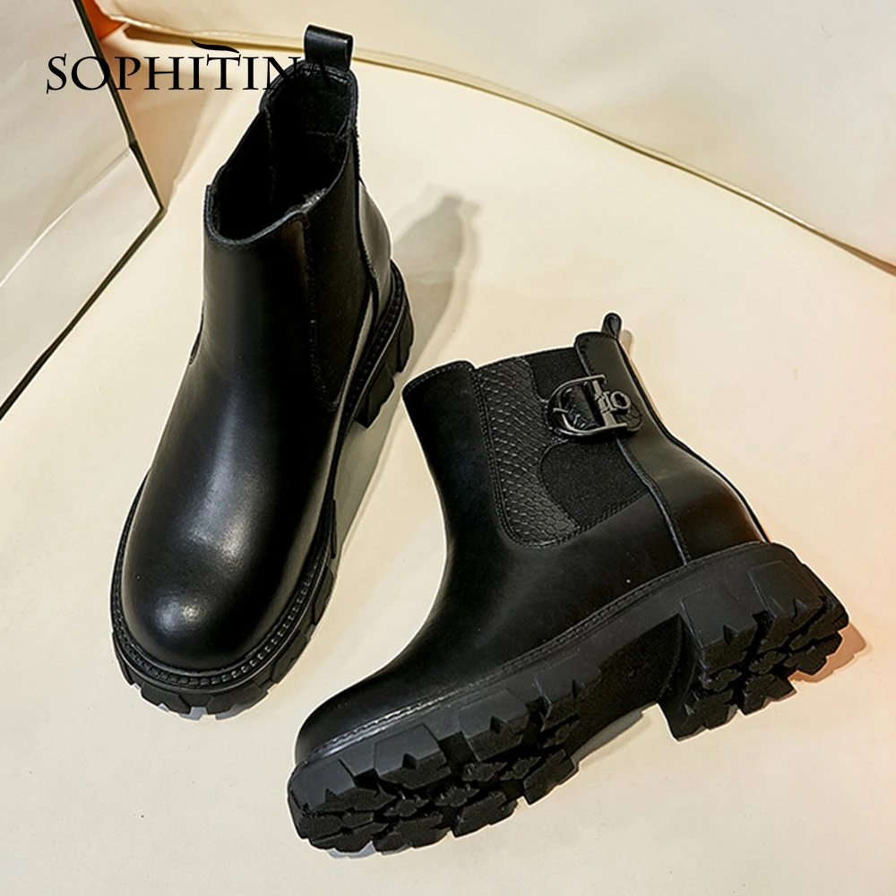 

SOPHITINA New Autumn/Winter Ankle Boots Women's Buckle Thick-soled Non-slip Shoes Genuine Leather Slip-On Chelsea Boots HO795