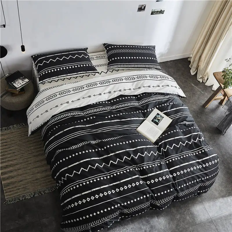 Комплект постельного белья из хлопка классический в полоску черно-белый цвет