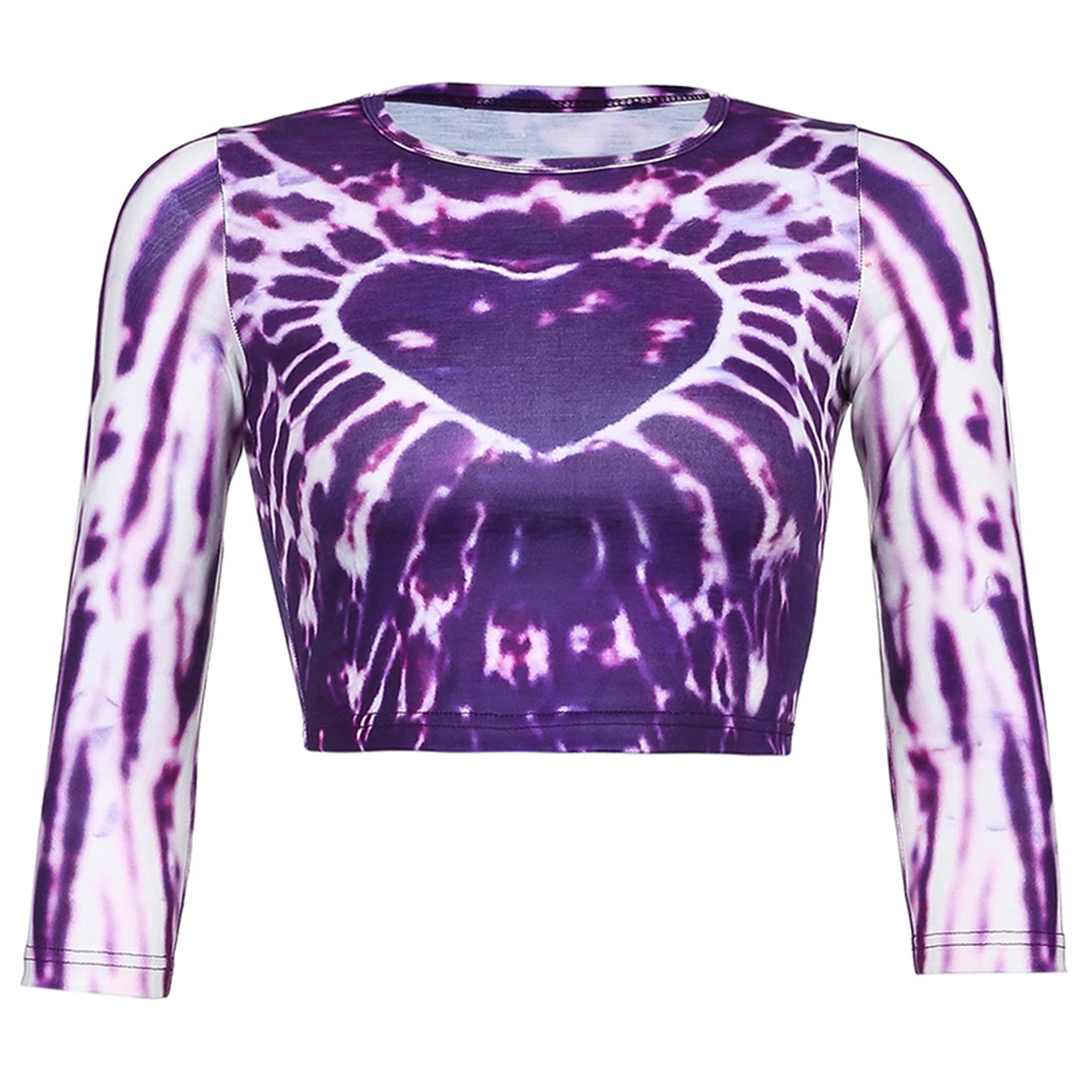 

Women’s Casual Long Sleeve T-shirt Personality Heart Tie-dye Printing Slim Fit Exposed Navel Tops