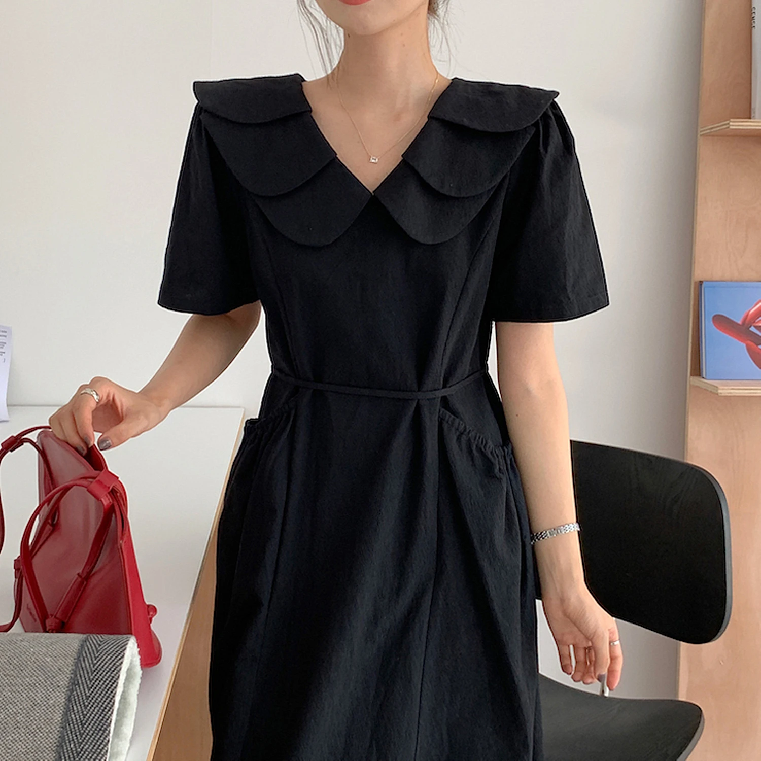 

REALEFT Short Sleeve Casual Dresses Summer Elegant Solid Color Peter Pan Collar Lace Up Pockets Decoration Women's A-line Dress
