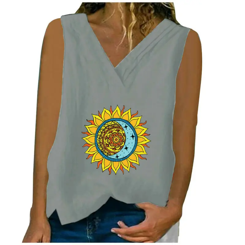 

Womens Fashion V-Neck Sleeveless TopsT-Shirt Flower Print Summer Casual Vest