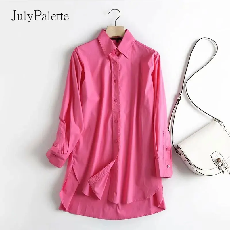 

Женская длинная рубашка Julypalette, повседневная розово-красная однобортная рубашка с отложным воротником, для офиса, осень 2021
