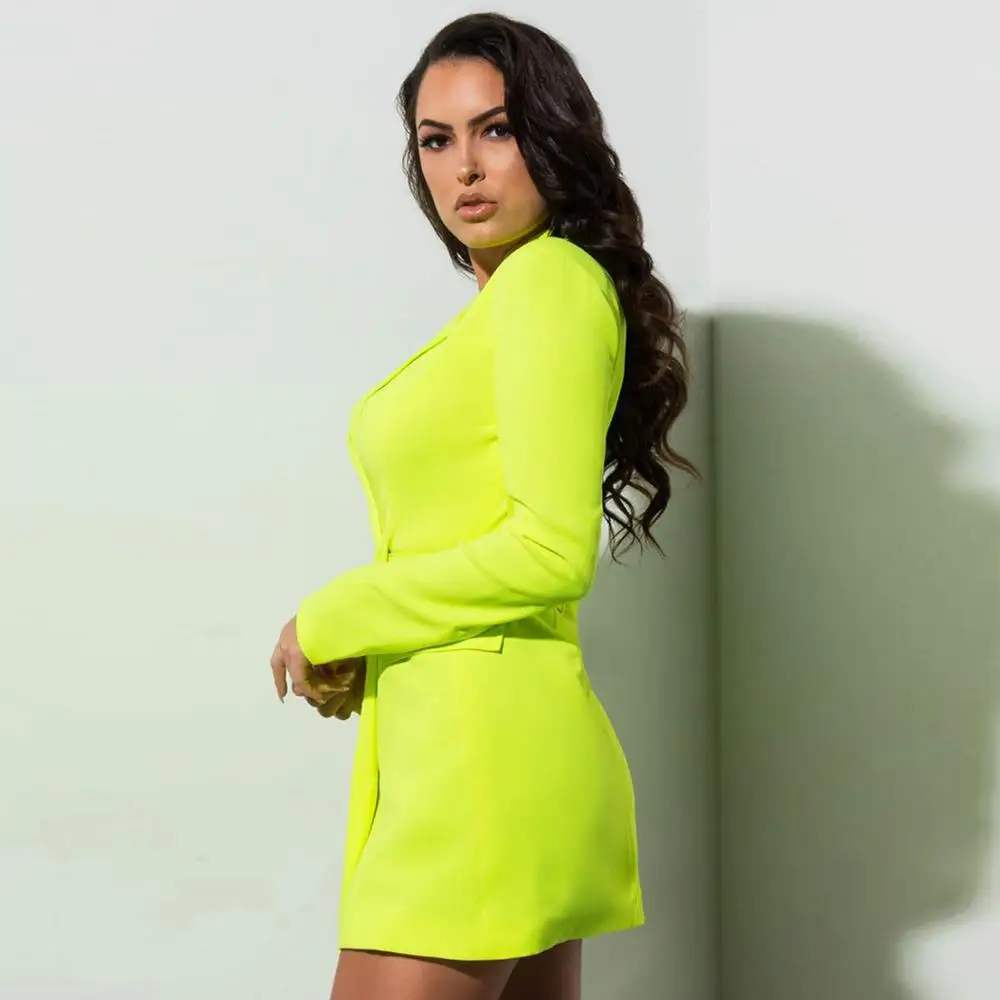 Женское неоново-зеленое мини-платье-блейзер с отложным воротником модное