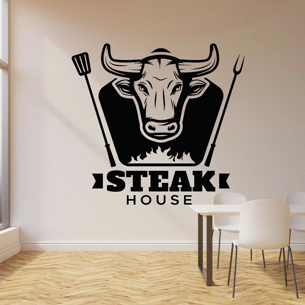 Steakhouse Wall Decal Signboard Fresh Meat Beef BBQ Restaurant Dining Room Interior Decor Vinyl Window Stickers Wallpaper E118