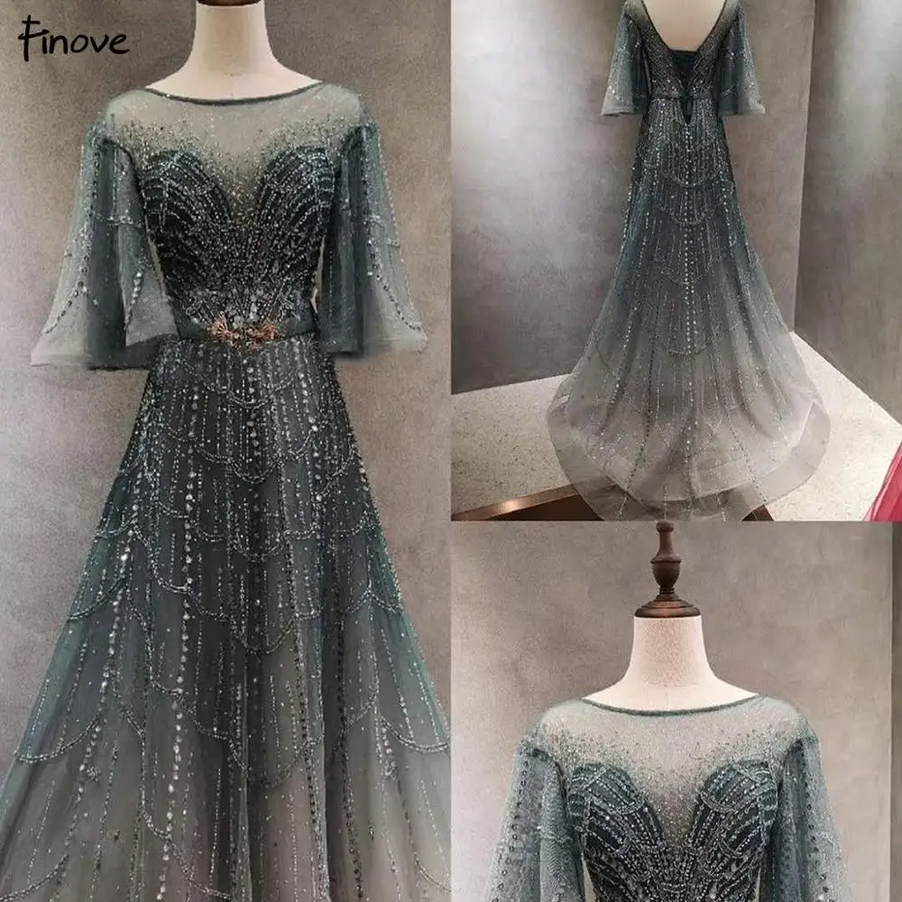 2021 Finove Luxury Beading Evening Dresses Elegant Short Sleeves O-Neck Formal dress A-line Princess party gown | Свадьбы и