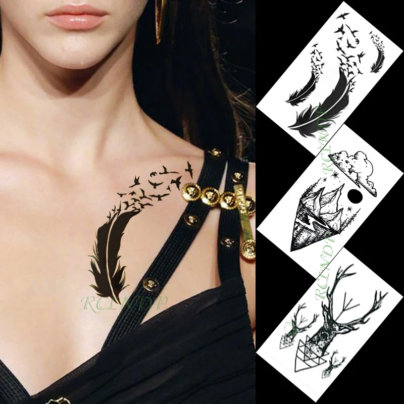 

Waterproof Temporary Tattoo Sticker feather bird mountain river sun forest deer tatto flash tatoo fake tattoos for women men kid