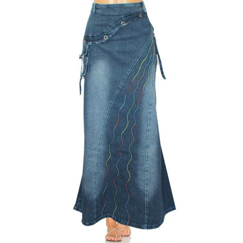

Floor-Length Denim Skirt Women Casual Streetwear Dress Spring Autumn Plus Size Female Stretch Washed Denim Skirt Bell Skirts