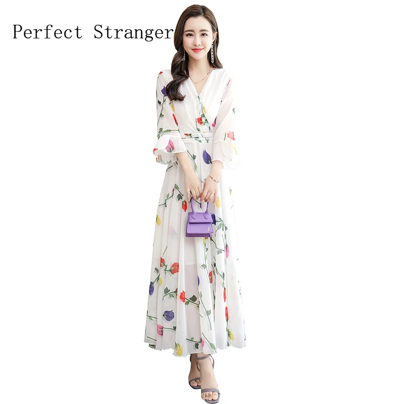 

2021 Summer New Arrival Bohemian V Collar Flower Printed Flare Sleeve Women Chiffon Long Dress High Quality Plus Size M-4XL
