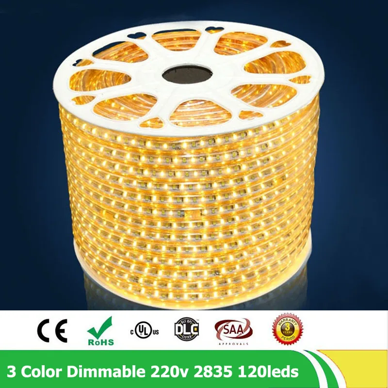 

50m/lot Dimmable LED Strip Light Dimming SMD 2835 120leds/m AC220V Flexible Tiras Led Tape Light Waterproof Ip67 Warm White