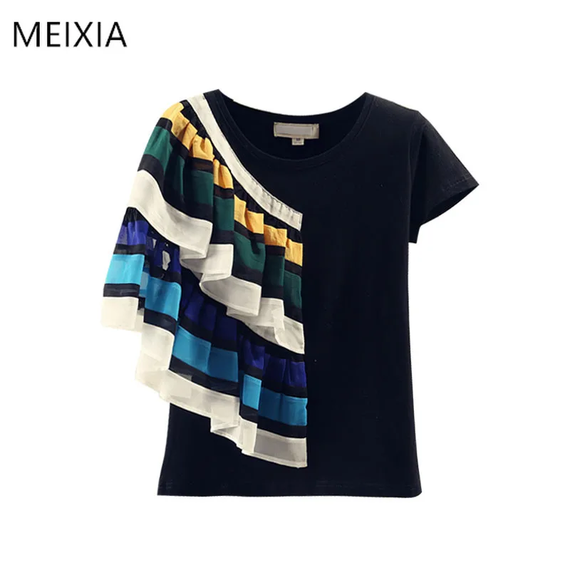 

summer women's chic cotton short-sleeved t-shirt chiffon contrast color mosaic ruffled T-shirt white fashion bf wild tide Tees