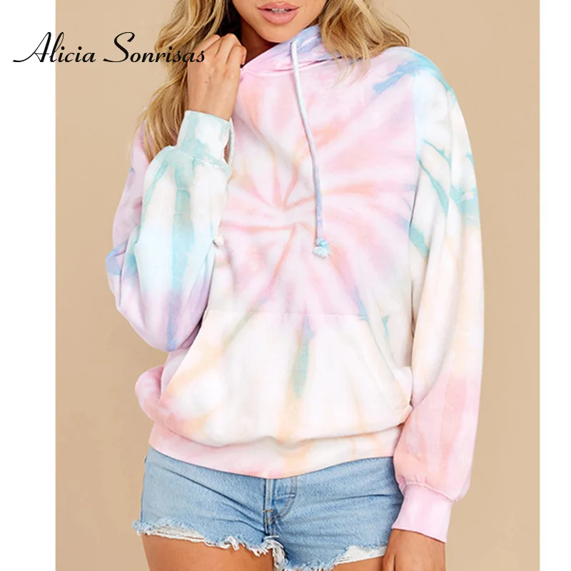 

Harajuku Women's Fashion Clothing Gradient Tie Dye Print Hoodies Sweatshirts Long Sleeve Tops Casual Drawstring Pullover Female