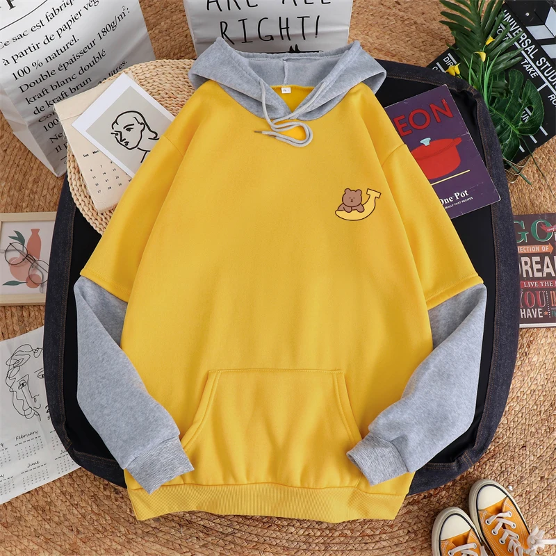 

Women Spell Color Splicing Sweatshirt Cartoon Kawaii Banana Bear Print Korean Fashion Harajuku Autumn And Winter Fleece Hoodies