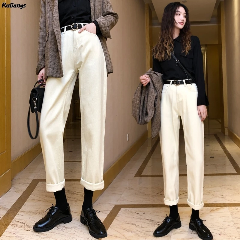 

2021 Spring And Autumn Apricot Jeans Women's Autumn And Winter Loose High Waist Beige Daddy Carrot Pants Casual Straight Pants