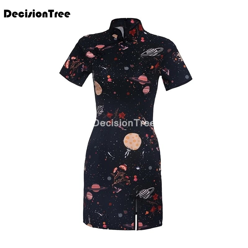 2021 women chinese dress morden improved cheongsam satin printing retro daily party split qipao for female | Тематическая одежда и