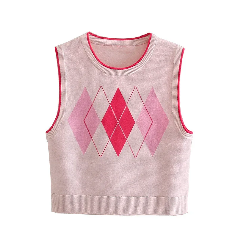 

2021 spring and autumn new European and American round neck all-match contrast color diamond-shaped pullover knitted vest women