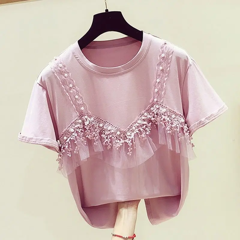 

Beaded Lace Stitching T-shirt Women 2021 Korean Style Fake Two-Piece Cotton Tshirt Female Crew Neck Short Sleeve Top Tees Trendy