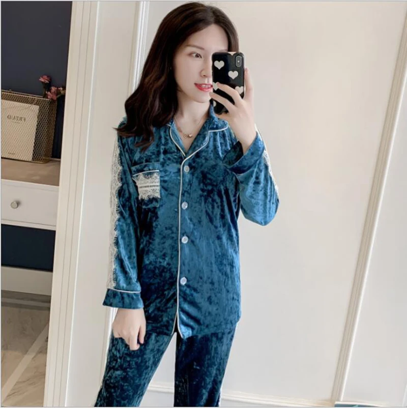 Зимний пижамный комплект женская теплая одежда для сна темно-золотые бархатные