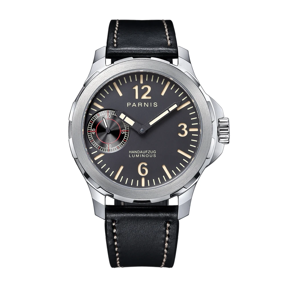 

Fashion Parnis 44mm Silver Case Leather Strap Watch Men Luminous Hand-Winding Mechanical Watches With Box Gift Top Luxury Brand