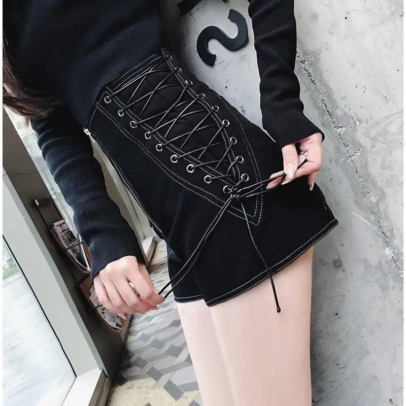 

Big Size S-5XL High Waist Black Leather Shorts Women Harajuku Designer Cross Tied Zip Shorts 2021 Autumn A-line Oversize Pants