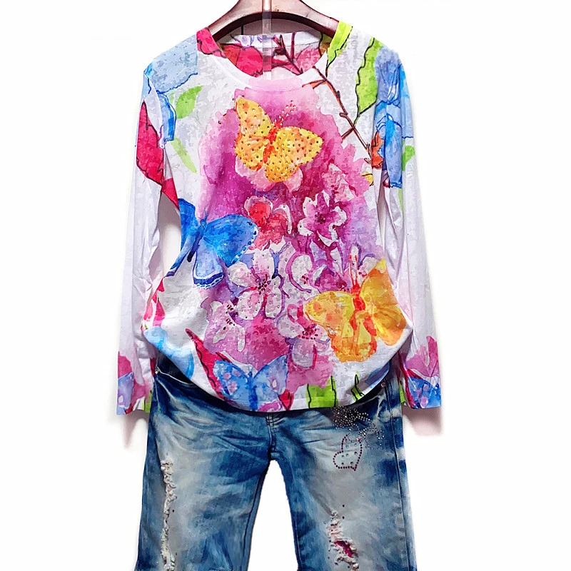 2020 Осенняя цветная футболка с цветочным принтом и бабочками женская длинным