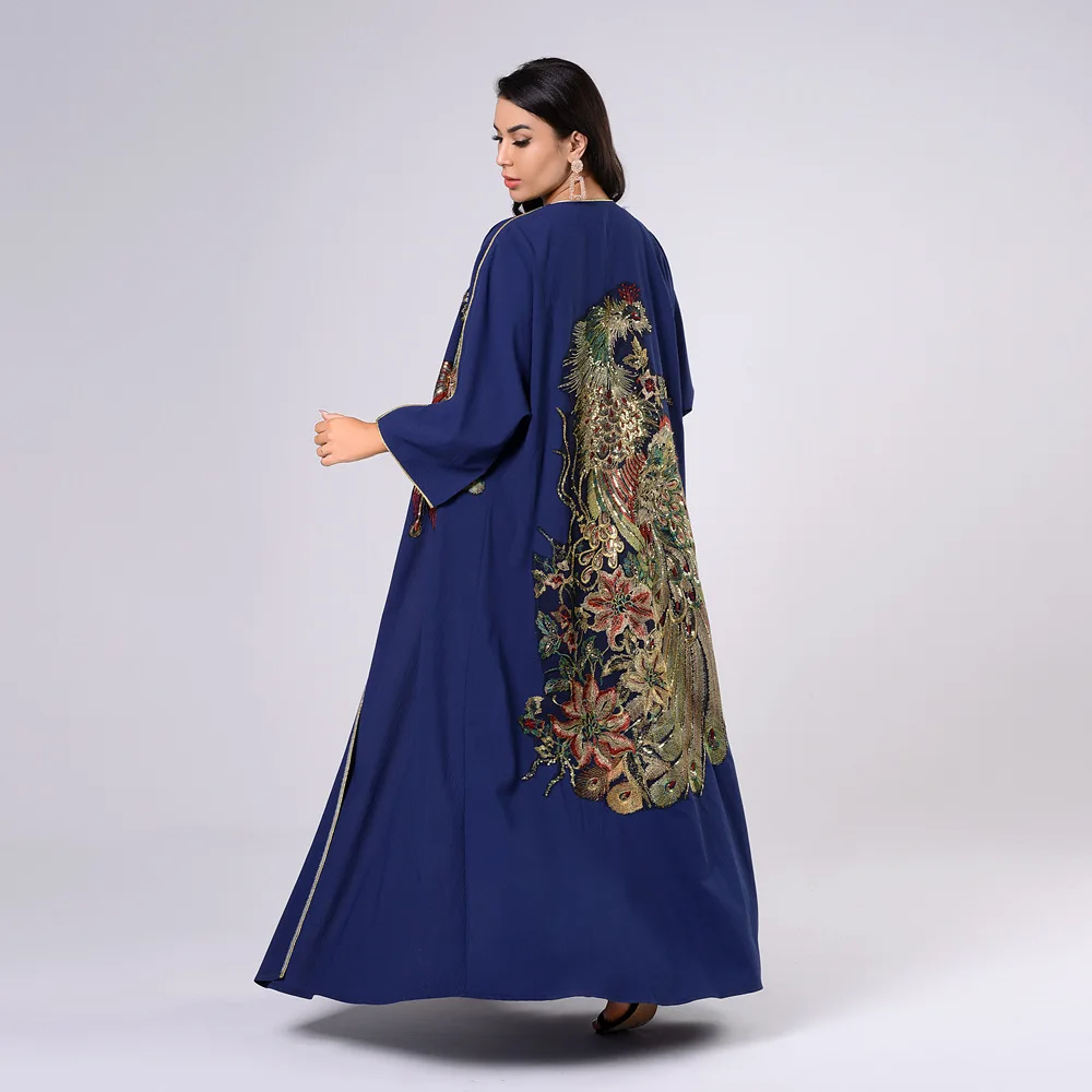 

Goegeous Embroidery Long Sleeves Cardigan Two-piece kaftan Dresses Stunning 3D Long Sleeves Coat + White Dresses Abaya Muslim