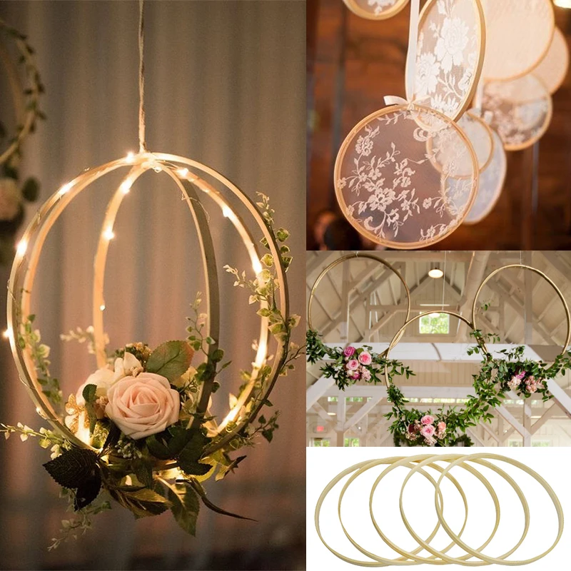 5P Round Bamboo Floral Hoop Wreath DIY Hanging Pendant Ornament Craft Wall Decor For Easter Wedding Party Decoration Floral Hoop