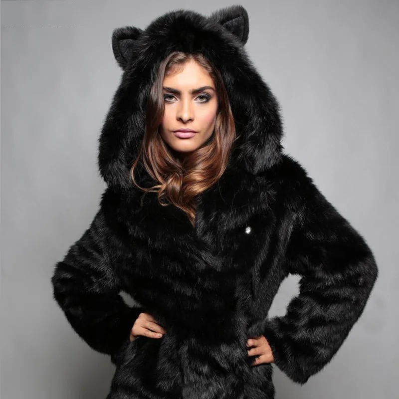 Faux Fur Hooded Women's Coats Black Cute Panda Ear Warm Thicken Hoody Jackets Winter Long Sleeves Lady Elegant Short Overcoat