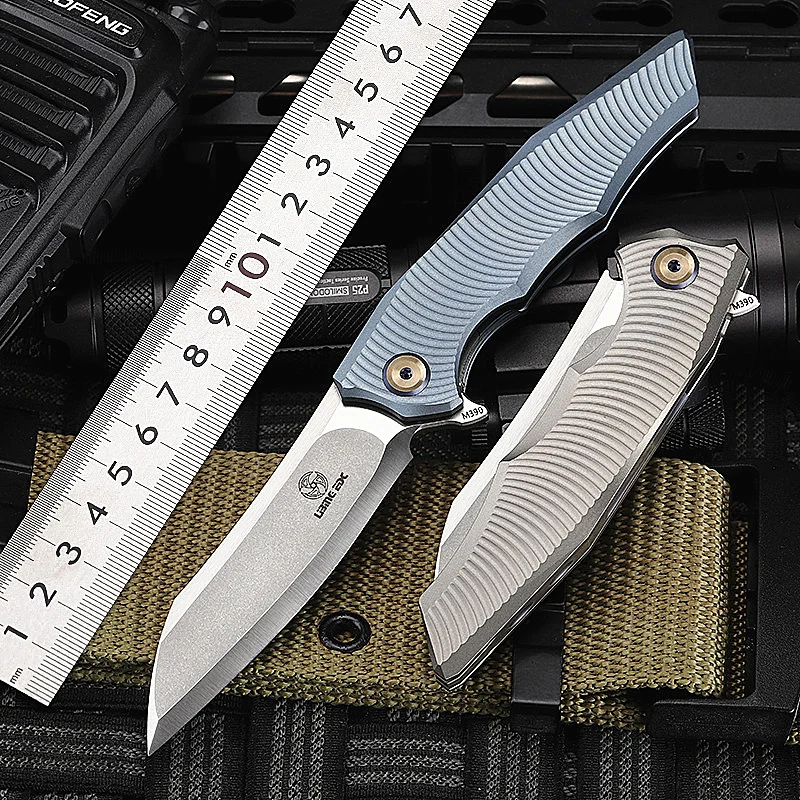 

2021 Free Shipping High Quality M390 Powder Steel Outdoor Folding Knife Titanium alloy TC4 Survival Camping Hunting Knives Tools