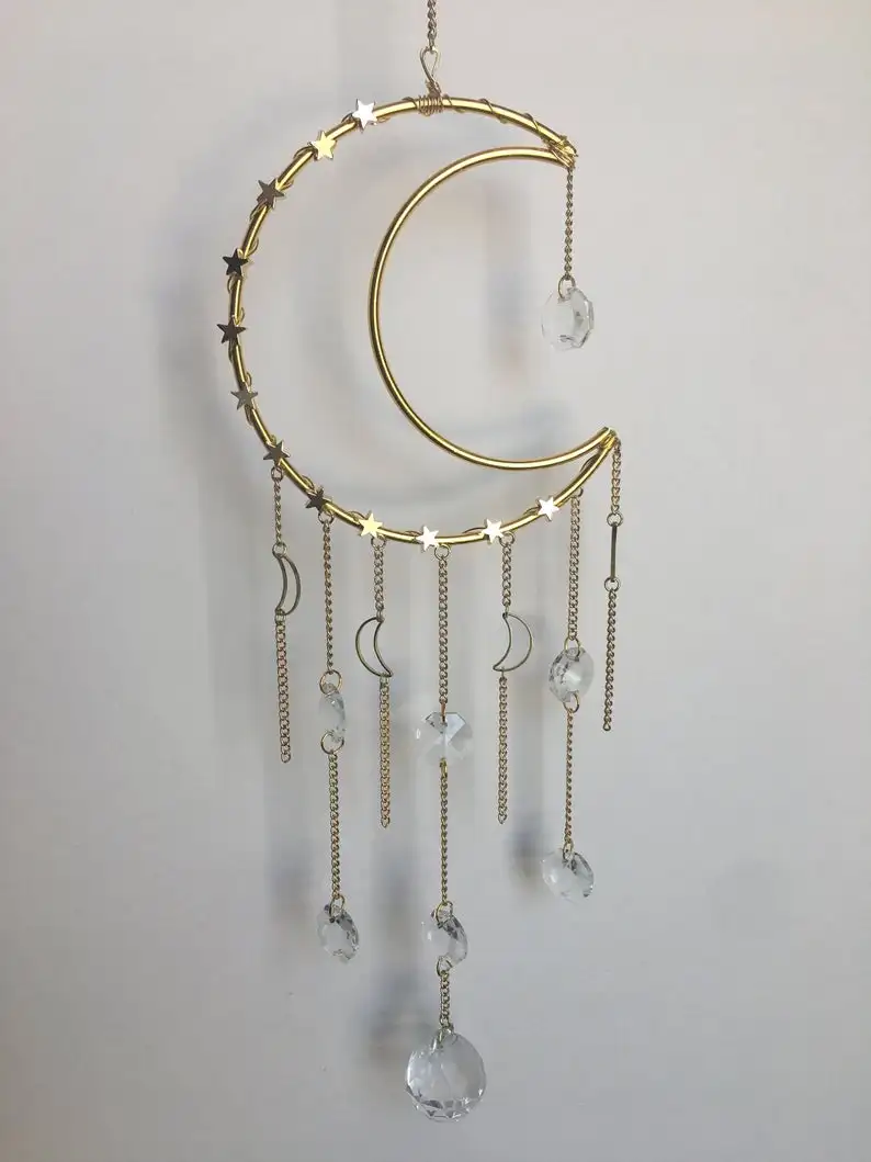 

Moon Star Sun Catcher, gold crystal suncatcher, moon hanging, prism, boho decor, rainbow maker, moon suncatcher, celestial gifts