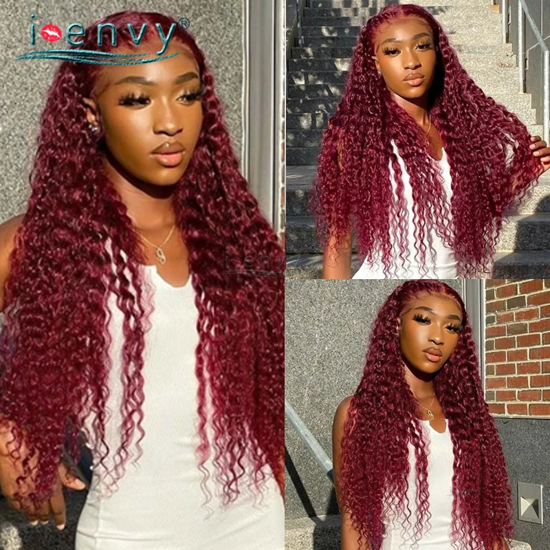 Water Wave Lace Front Wigs Colored Burgundy Human Hair Wigs HD Curly 99J Red Lace Frontal Wigs For Women Transparent Lace Wig