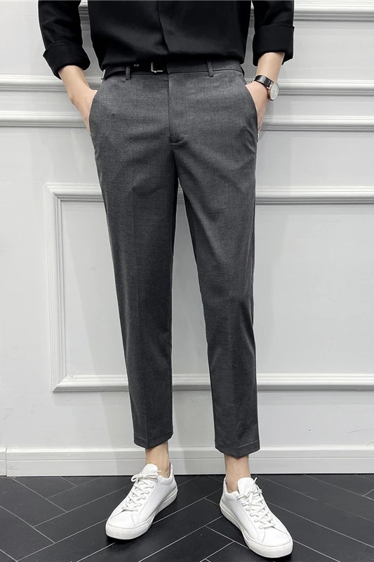 

Summer 2021 Spring Casual Pants Men Ankle Length Business Dress Pants Belt Decoration Office Social Trousers Streetwear Clothing