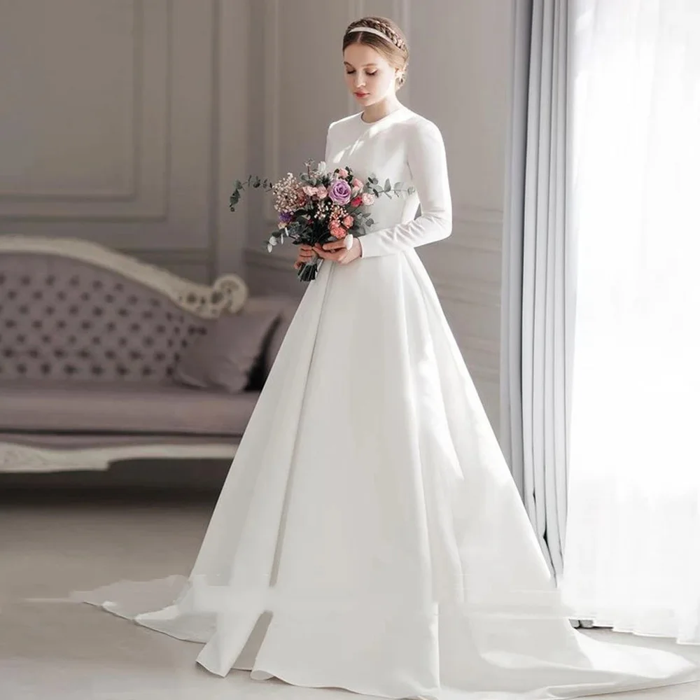 

White A Line Wedding Dresses For Women 2021 Full Sleeve Simple Satin Long Bridal Gowns Autum Spring