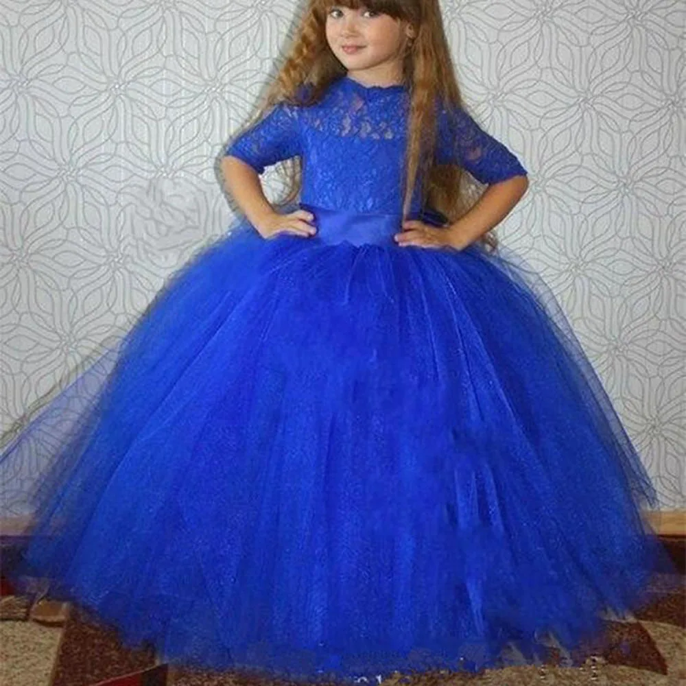 

2021 Royal Blue Half Lace Sleeves Girls Pageant Dresses Stain Knee Length Flower Girls Dresses for Girls aged 2-14 Years