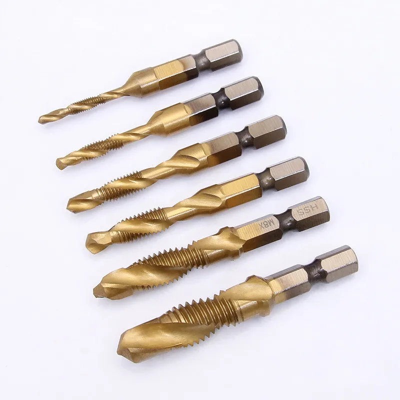 

6pcs Titanium Plated Hex Shank HSS Screw Thread Metric Tap Drill Bits Screw Machine Compound M3 M4 M5 M6 M8 M10 Hand Tools