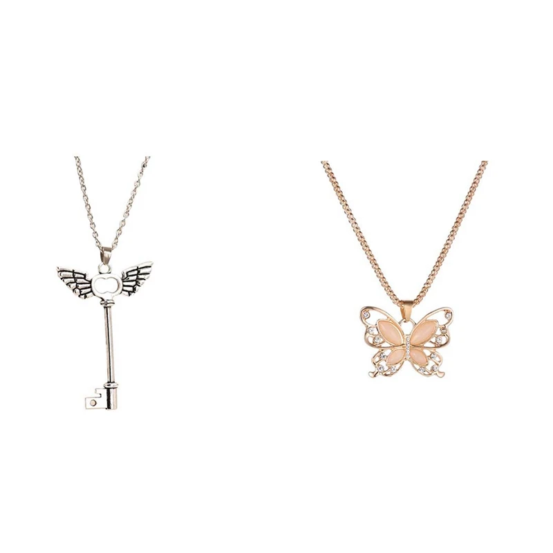 

2PCS Angel Wings Key Friendship Pendant Long Chain Necklace with New Gold Opal Butterfly Pendant Necklace
