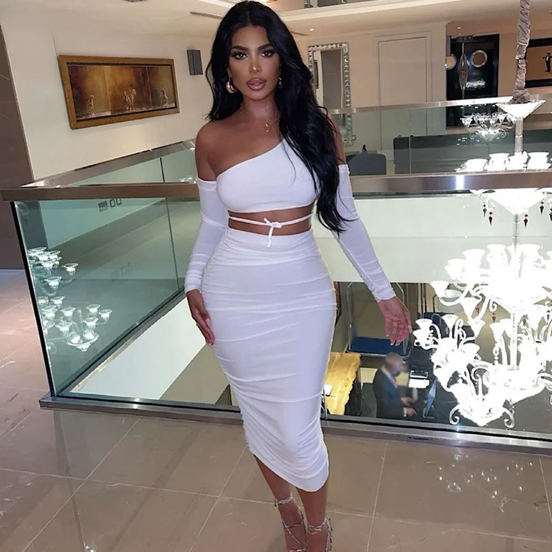 

Set Women 2021 Two Piece Set Women's Blouse and Skirt Sexy White Dress Autumn Party Club Holiday Suit