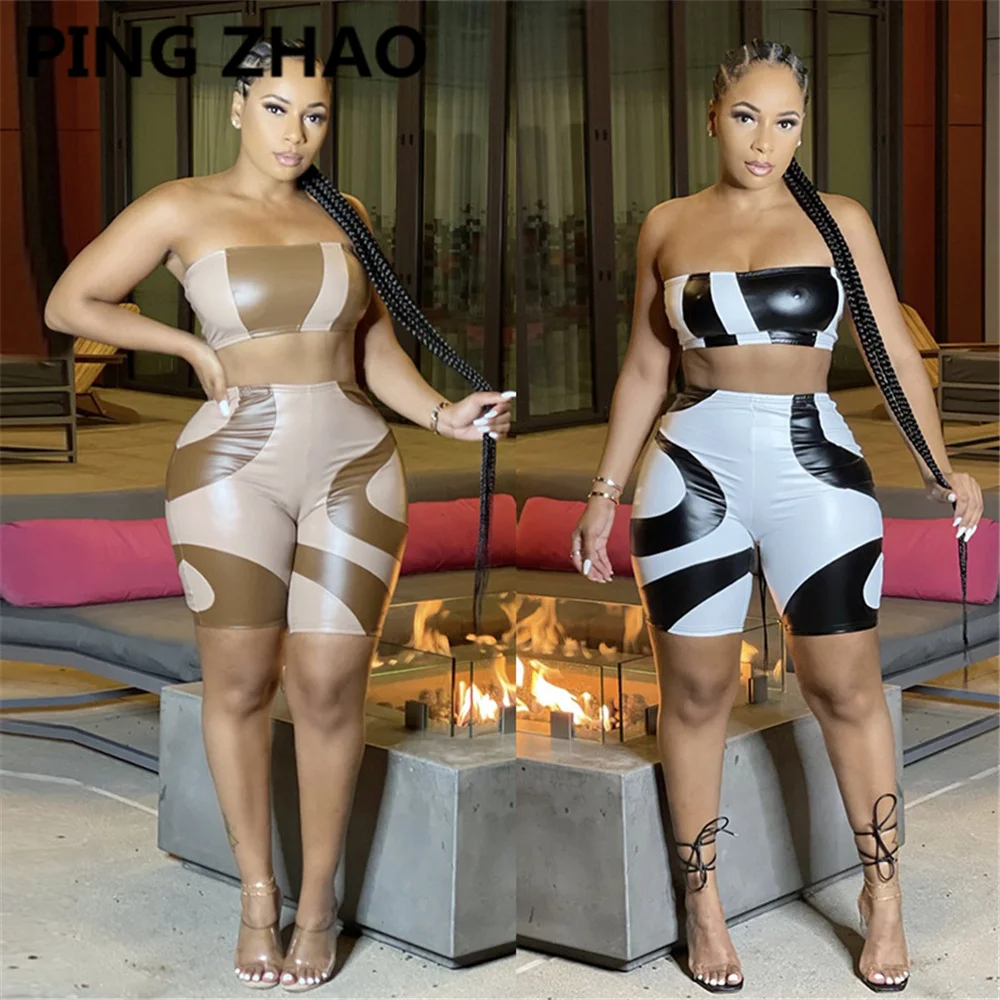 

PING ZHAO Women PU Sets Faux Leather Sleeveless Strapless Crop Tops Shorts Two Piece Set Sexy Outfit Summer 2021