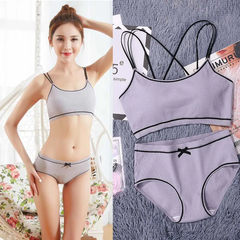 Женский хлопковый комплект с бюстгальтером Модный в полоску и трусиками