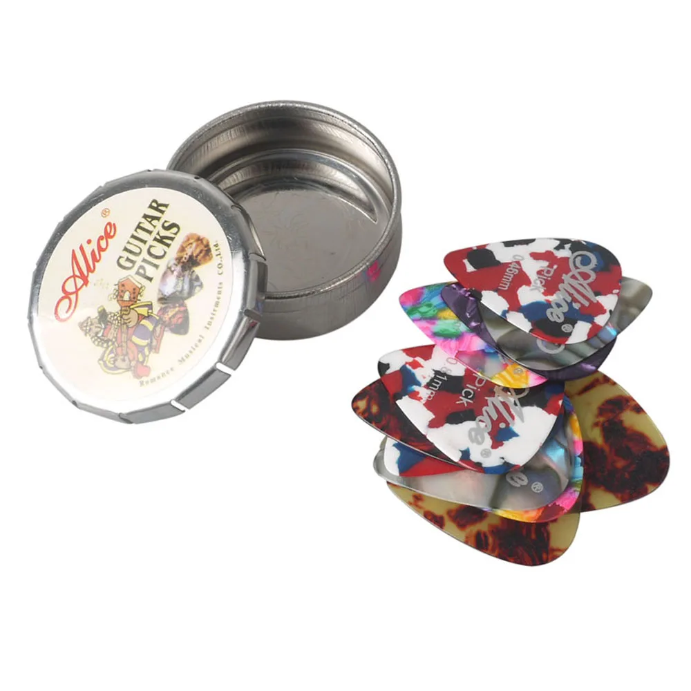 alice celluloid plektren 12 stücke plektrum in mini nette runde zinn metall picks box fall für akustische elektrische gitarre zubehör f