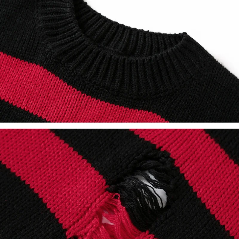 

Women Sweaters Casual Unisex Striped Sweater Autumn Hollow Out Hole Broken Jumper Loose Oversized Pullouvers Harajuku Streetwear