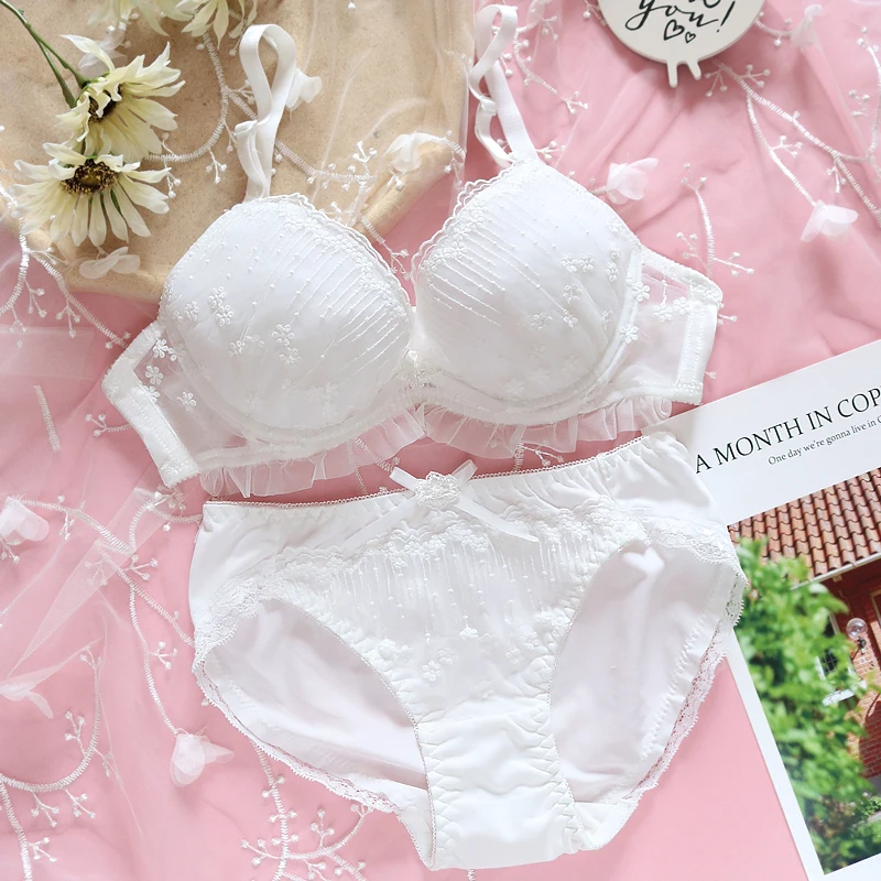 Small Fresh Sexy Lolita Cute Snowflake Embroidery Lace Trim Bra & Brief Set Japanese Women's Push Up Underwire Underwear Set