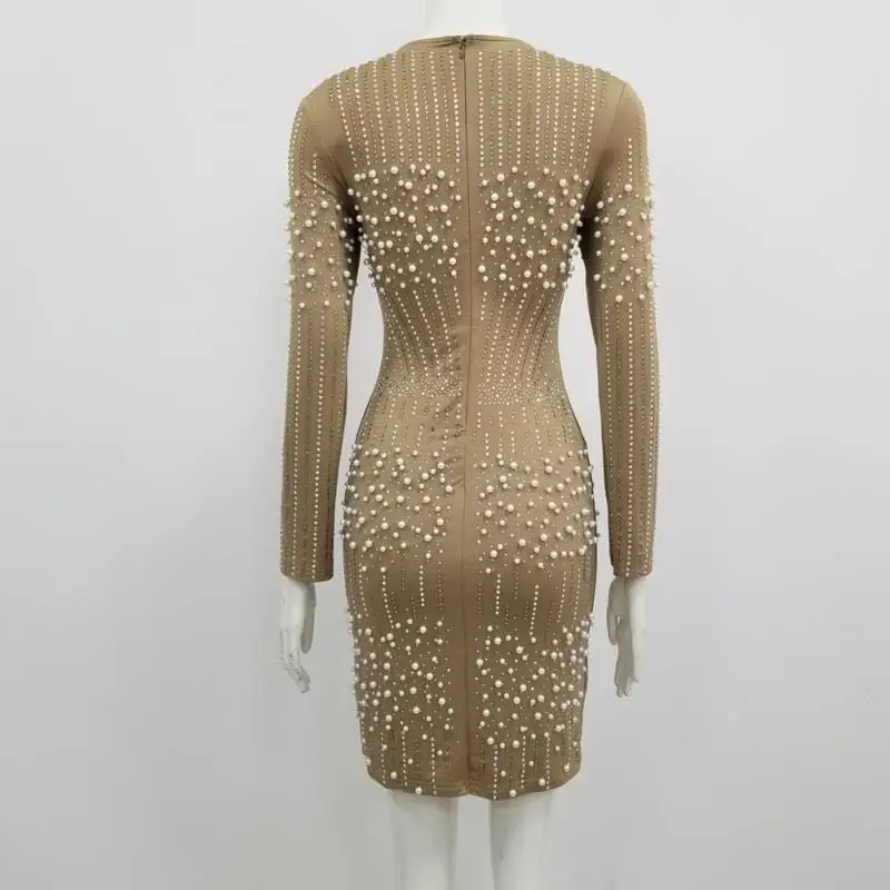 

Free Shipping 2020 Women Sexy Lace Mesh Beading Long Sleeve Elegant Party Dress Bodycon Mini Bodycon Dress Vestido