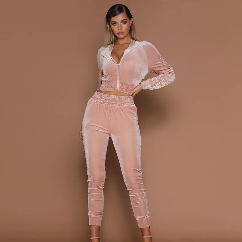 

2018 Autumn Women 2pcs Short Zipper Hoodies Sweatshirt Elasic Waist Pants Sets Velvet Tracksuit Casual Suit